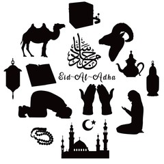 Muslim holiday Eid-al-Adha. Black silhouettes of symbols with text on white background. Vector illustration.
