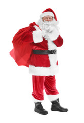 Authentic Santa Claus with big gift bag on white background