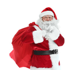 Authentic Santa Claus with big gift bag on white background