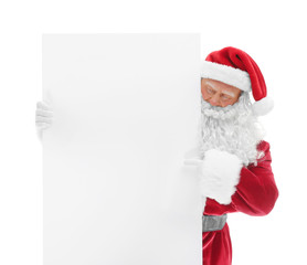 Authentic Santa Claus with poster on white background
