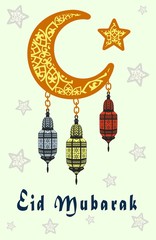 Muslim holiday Eid Mubarak. Feast of the Sacrifice. Eastern lamps, moon and star on light background. Vector illustration.