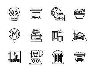 Areas of city black line vector icons set