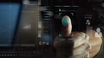 cyber security internet and networking concept.Businessman scanning fingerprint biometric identity...