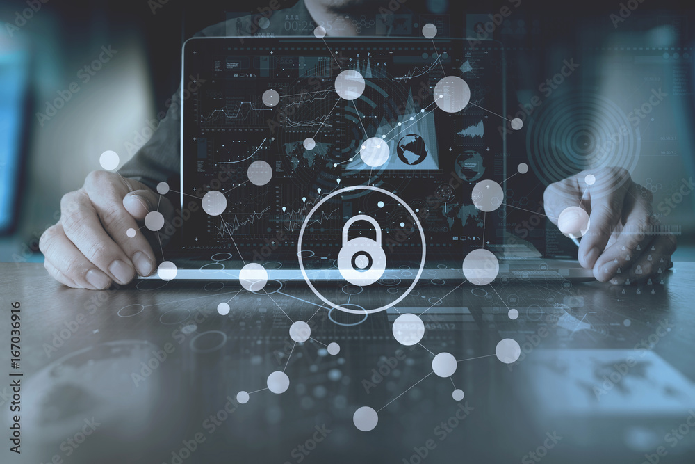 Poster cyber security internet and networking concept.businessman hand working with vr screen padlock icon 