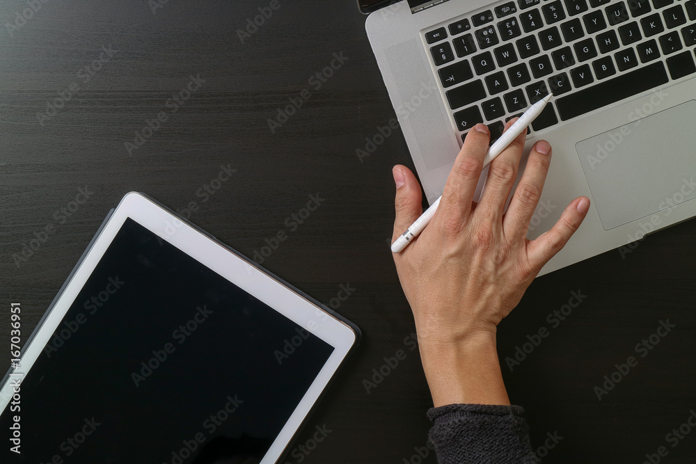 Poster cyber security internet and networking concept.businessman hand working with laptop computer and dig
