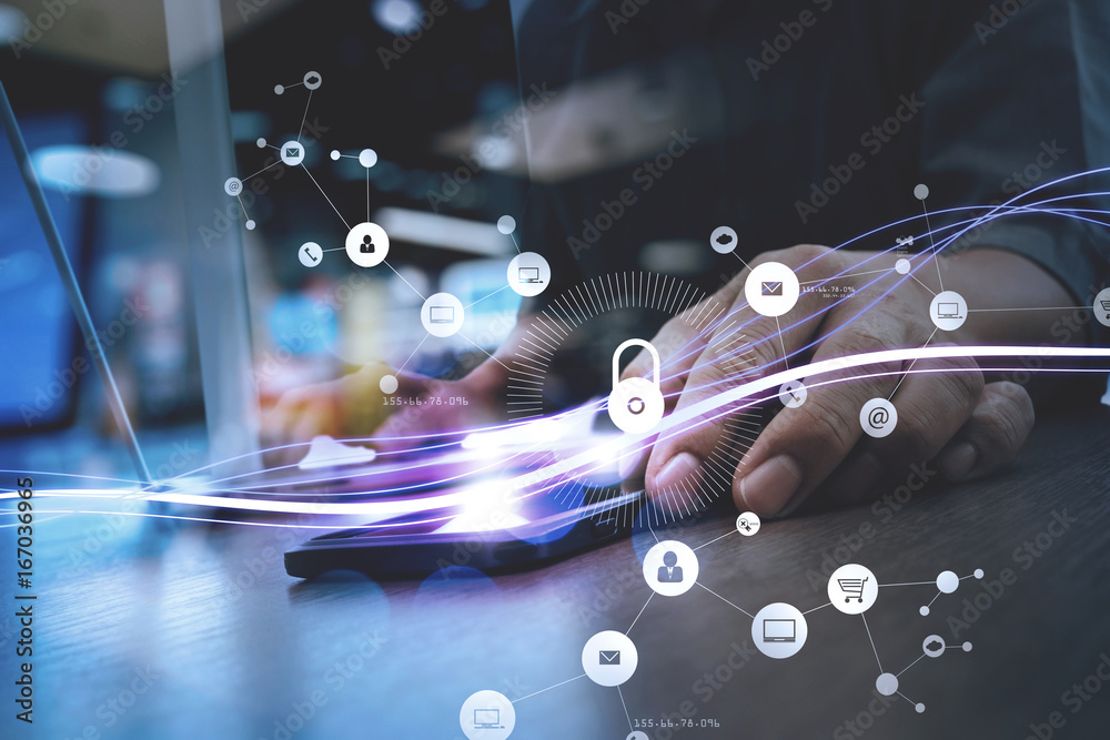 Poster cyber security internet and networking concept.businessman hand working with vr screen padlock icon 