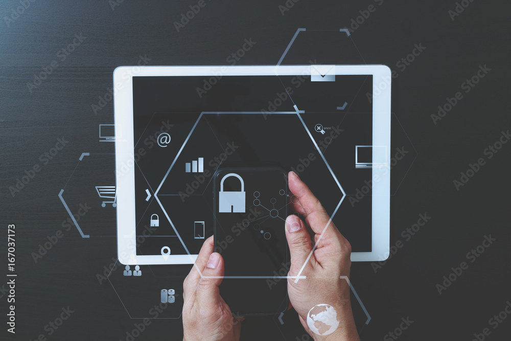 Poster cyber security internet and networking concept.businessman hand working with vr screen padlock icon 