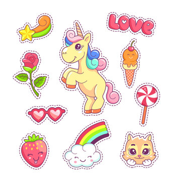 Stickers set pop art comic style with cartoon animals and food, unicorn, kitten, cloud and rainbow