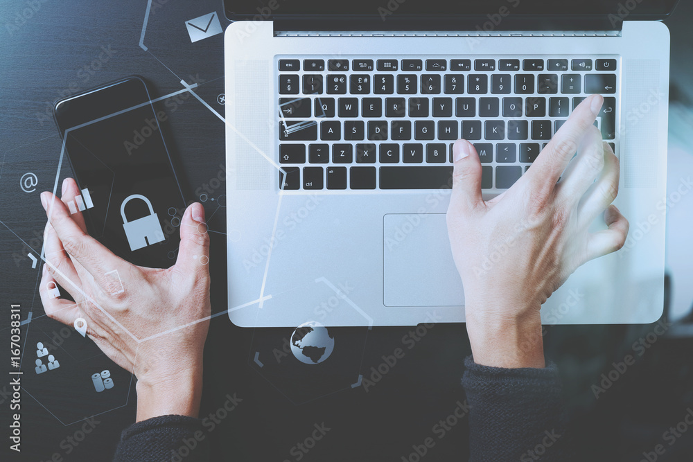Poster cyber security internet and networking concept.businessman hand working with vr screen padlock icon 