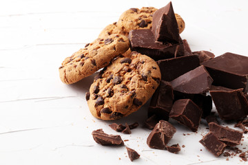 Chocolate cookies on white background. Chocolate chip cookies shot