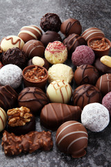 a lot of variety chocolate pralines, belgian confectionery gourm