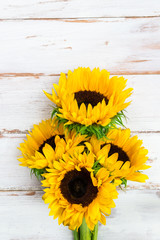 Yellow Sunflower Bouquet on White Rustic Background