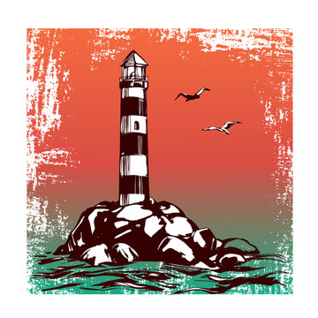 lighthouse and sea landscape hand drawn vector illustration sketch