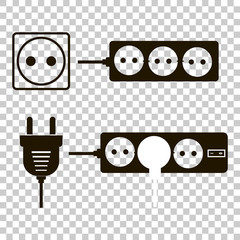 Vector icon set of sockets and plugs. An extension cord with the socket. Vector illustration with shadow design.