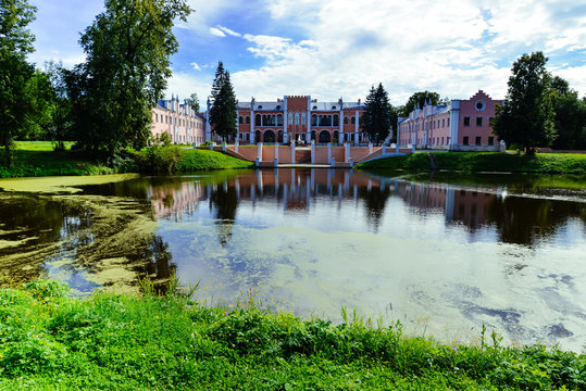 View on Marfino palace in Moscow region and park. Antique mansion 18 century in Baroque style.Summer landscape with manor, park and pond. Summertime garden and river for prints, posters, design.