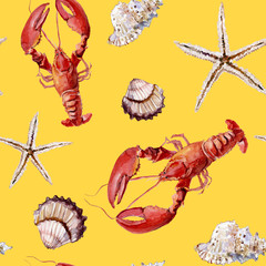 Seamless marine pattern with cancers, shells and starfish on yellow background. Watercolor painting.