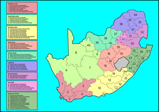 Vector South African Map, District Municipalities and Provinces Segmented, Separated, Divided and Labeled with Colour Codes For Easy Reference