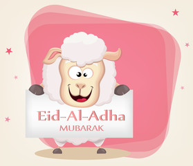 Festival of sacrifice Eid al-Adha. Traditional muslin holiday. Greeting card with funny sheep holding placard.