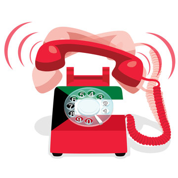 Ringing red stationary telephone with rotary dial and with flag of  Kuwait