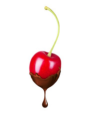 Cherry in liquid hot chocolate isolated on white background