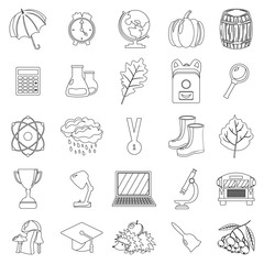 Autumn, school icon set. Outline, line, thin style. White background. Vector illustration.
