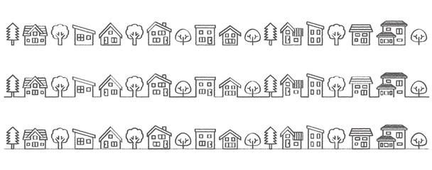 Obraz premium デフォルメした家と木の並び(線画手書き風)