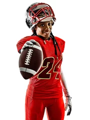 Foto op Plexiglas one african woman teenager girl american football players  isolated on white background silhouette with shadows © snaptitude