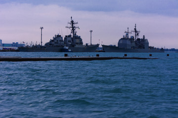 Obraz premium The military ship is moored in the seaport of Odessa on July 12, 2017