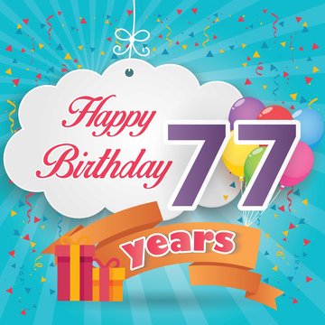 77 th birthday celebration greeting card origami paper art design, birthday party poster background with clouds, balloon, ribbon and gift box full color. seventy seven anniversary celebrations