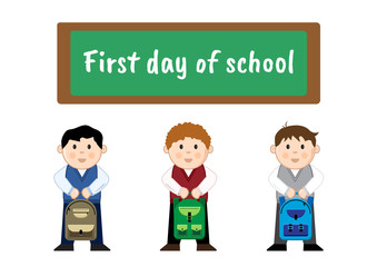 Pupils with backpacks near the school board with the inscription back to school, vector illustration