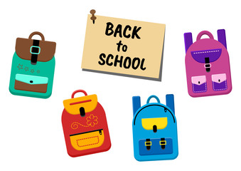 Set of backpacks with a sticker first day of school, vector illustration