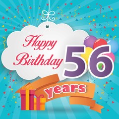 56 th birthday celebration greeting card origami paper art design, birthday party poster background with clouds, balloon, ribbon and gift box full color. fifty six anniversary celebrations