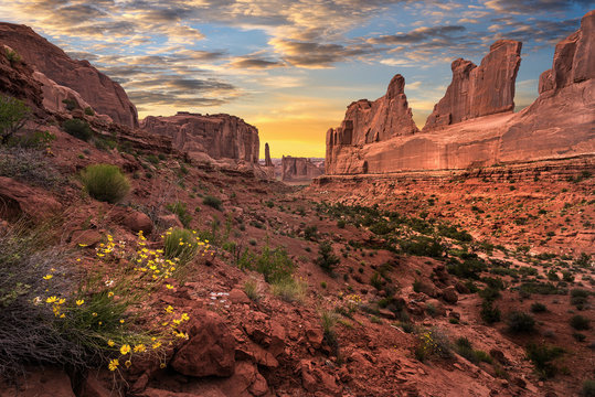 sunset over park avenue, arches national park, utah