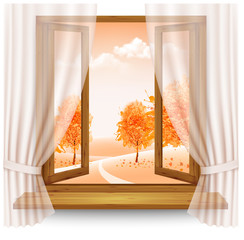 Nature autumn background with wooden window frame with curtains Vector