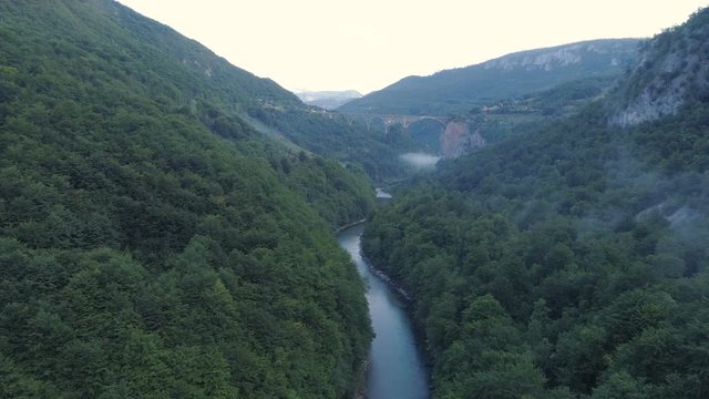 Aerial view of Durdevica Tara arc bridge in the mountains, One of the highest automobile bridges in Europe.