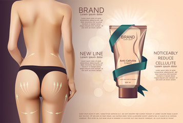 Design of web banner with anti-cellulite cream in tube. Advertising of means for care of body skin for women. Concept vector illustration of cosmetic cream.