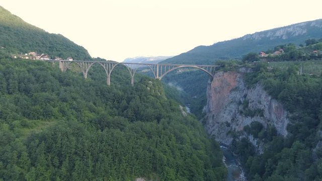 Aerial view of Durdevica Tara arc bridge in the mountains, One of the highest automobile bridges in Europe.