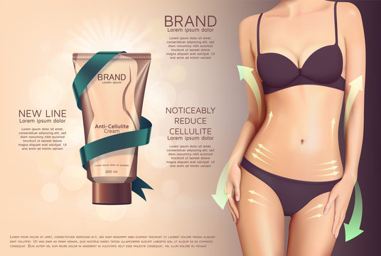 Design of web banner with anti-cellulite cream in tube. Advertising of means for care of body skin for women. Concept vector illustration of cosmetic cream.
