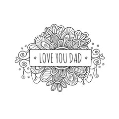 Love you dad father's day banner vector illustration with swirls, stars, and hearts on a white background.