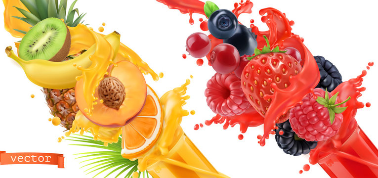 Fruit burst. Splash of juice. Sweet tropical fruits and mixed forest berries. 3d realistic vector icon set