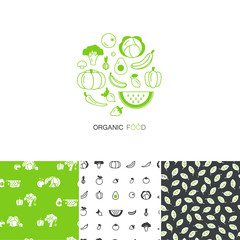 Vector collection of logo design template and seamless patterns - fresh healthy fruits and vegetables made in linear style.