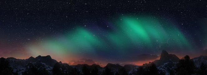 Foto auf Acrylglas Nordlichter Eine wunderschöne grün-rote Aurora tanzt über die Hügel