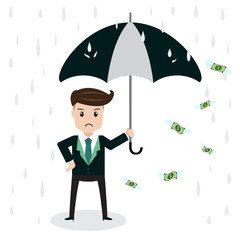Money is flying away from businessman standing in rain with an umbrella on white background, business concept vector