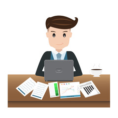 vector of happy businessman working with the computer on a table