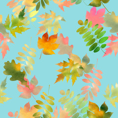 Autumn background watercolor. Floral seamless pattern with autumn leaves watercolor in hand painting style on blue background