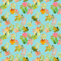 Autumn background watercolor. Floral seamless pattern with autumn leaves watercolor in hand painting style on blue background