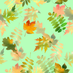 Autumn background watercolor. Floral seamless pattern with autumn leaves watercolor in hand painting style on green background