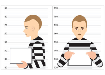 Black and white robber mugshot arrested and standing for police photo.