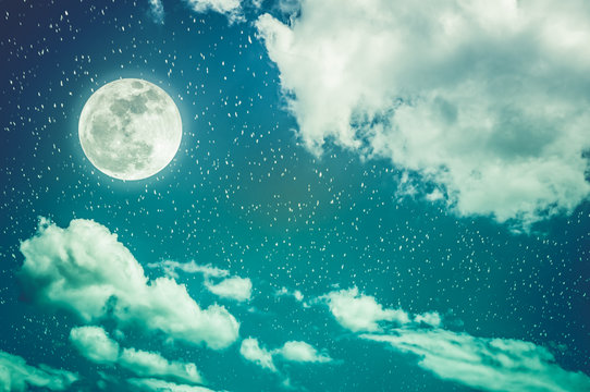 Night sky with full moon and cloudy, serenity nature background. Cross process