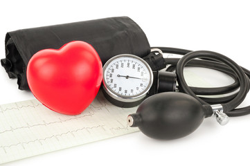 Black tonometer and heart, cardiogram